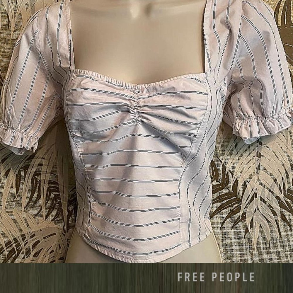 Free People White w/ Black Stripes Crop Top Sz Sml ~ Cottage Core Country Blouse
